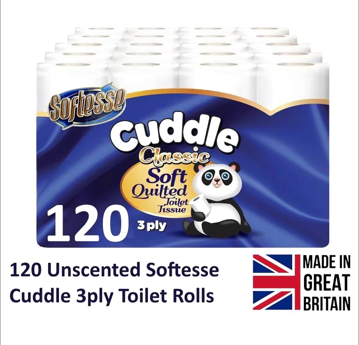 Panda Cuddle 3‑Ply Quilted Toilet Paper – Ultra Soft & Gentle Bulk Loo Rolls, Bulk Bathroom Tissue - Maxi Value Pack of 120 Rolls