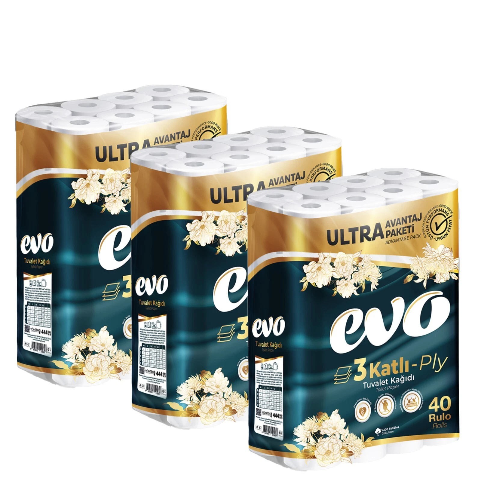 Evo 120 Luxury 3-Ply Toilet Rolls Quilted Soft Tissue Paper Bulk Pack